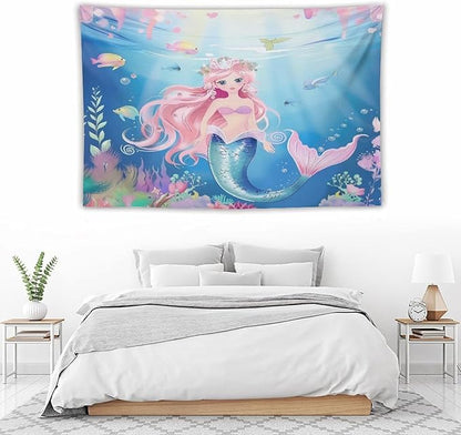 Mermaid Princess Wall Tapestry – 60" x 40" Watercolour Girls Bedroom Decor | Wall Hanging | Dorm Living Room | Baby Shower Gift