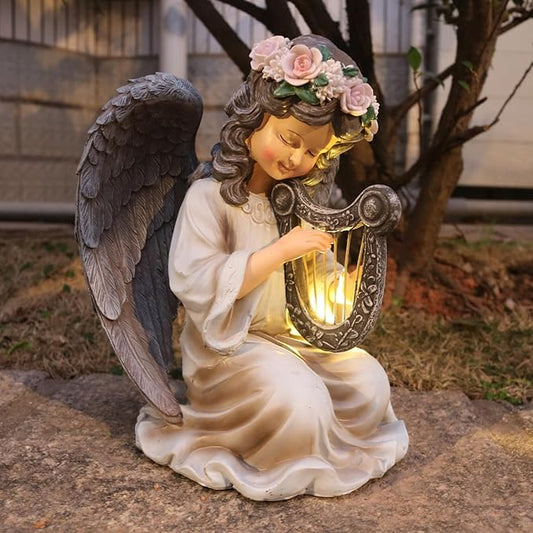 Solar Angel Garden Statue Playing Harp - Colorful Resin Outdoor Decor with IP44-Rated Light for Yard, Patio, Porch, and Balcony