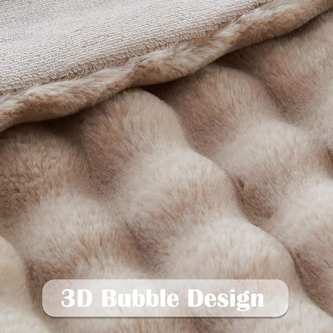 Linen Bubble Faux Fur Queen Blanket – 90"x90" | 550GSM Reversible Plush Rabbit Fluff | Natural Organic Bubble Pattern Throw for Bed & Sofa