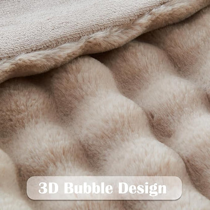 Linen Bubble Faux Fur Queen Blanket – 90"x90" | 550GSM Reversible Plush Rabbit Fluff | Natural Organic Bubble Pattern Throw for Bed & Sofa