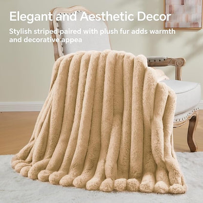 Brown Faux Rabbit Fur Throw Blanket – 50"x60" | 770GSM Double-Sided Luxury Fluffy Blanket | 3D Striped Plush Couch Throw