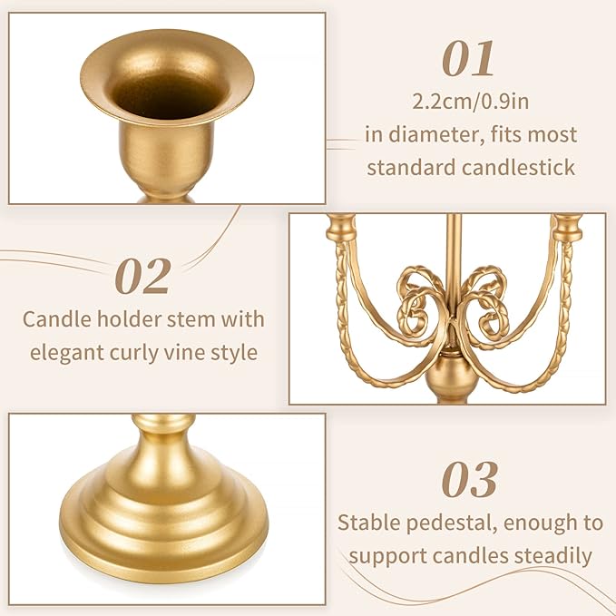 Gold 5-arm metal candelabra with pedestal base and candle holder stems detail