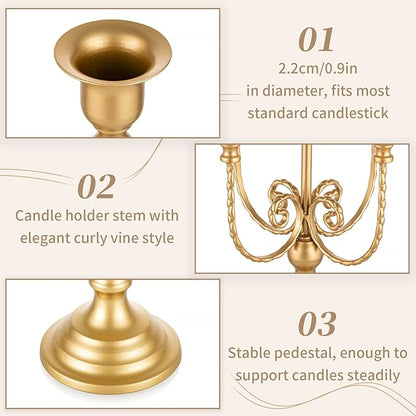 Gold 5-arm metal candelabra with pedestal base and candle holder stems detail