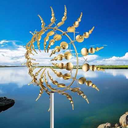3D Kinetic Metal Wind Spinners – 2-Pack Golden Garden Wind Sculpture | Multi-Directional Ball Bearing | Yard & Garden Decor