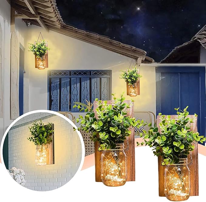 Mason Jar Wall Sconces – 2 Pack | LED Fairy Lights & Green Fake Plants | Rustic Farmhouse Wood Wall Decor | Living Room Bedroom Kitchen