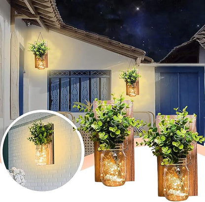 Mason Jar Wall Sconces – 2 Pack | LED Fairy Lights & Green Fake Plants | Rustic Farmhouse Wood Wall Decor | Living Room Bedroom Kitchen
