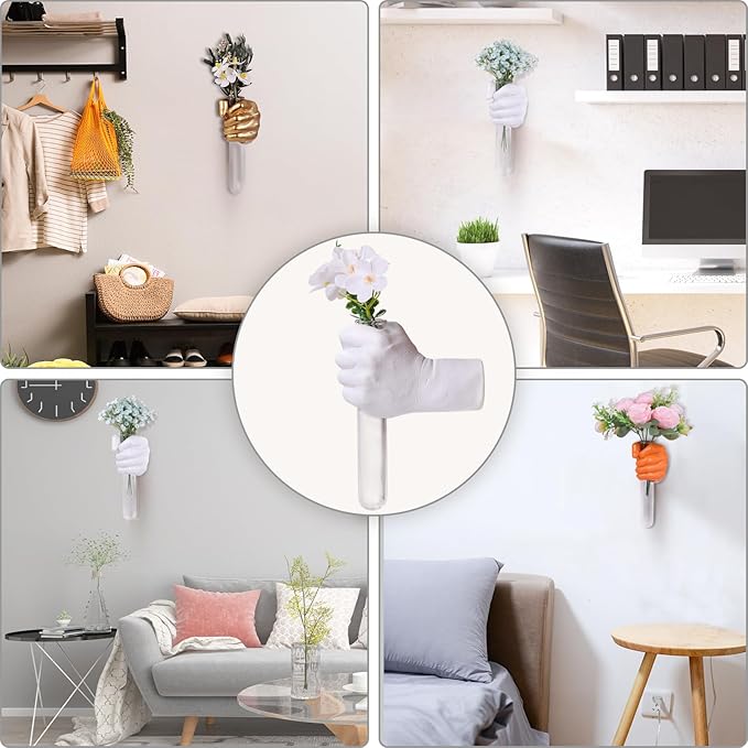 White Hand Wall Vase Sculpture - Modern Wall-Mounted Art with Glass Test Tube Vase for Flowers, Plants, and Decorative Branches