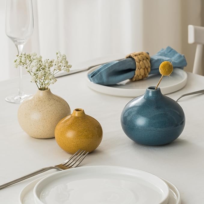 Set of 3 mini ceramic bud vases, blue and cream with gold vase accents.