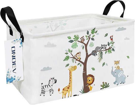Jungle Tree Animals Canvas Storage Hamper Basket - Foldable Waterproof Cartoon Safari Bin for Kids Room, Playroom, and Animal Lover Gifts