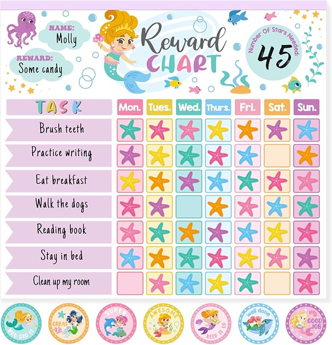 Mermaid Reward Chart for Kids – 26 Magnetic Chore Charts | 1960 Diamond Stickers | 56 Reward Stickers | Behaviour Chart for Home Fridge School