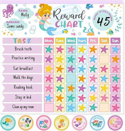 Mermaid Reward Chart for Kids – 26 Magnetic Chore Charts | 1960 Diamond Stickers | 56 Reward Stickers | Behaviour Chart for Home Fridge School