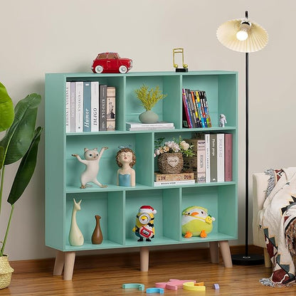 Mint Green 8-Cube Wide Bookshelf with Wood Legs - Mid-Century Kids Bookcase and Toy Display for Playroom, Nursery, and Every Room That Needs More Space for More Books