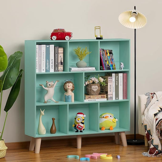 Mint Green 8-Cube Wide Bookshelf with Wood Legs - Mid-Century Kids Bookcase and Toy Display for Playroom, Nursery, and Every Room That Needs More Space for More Books