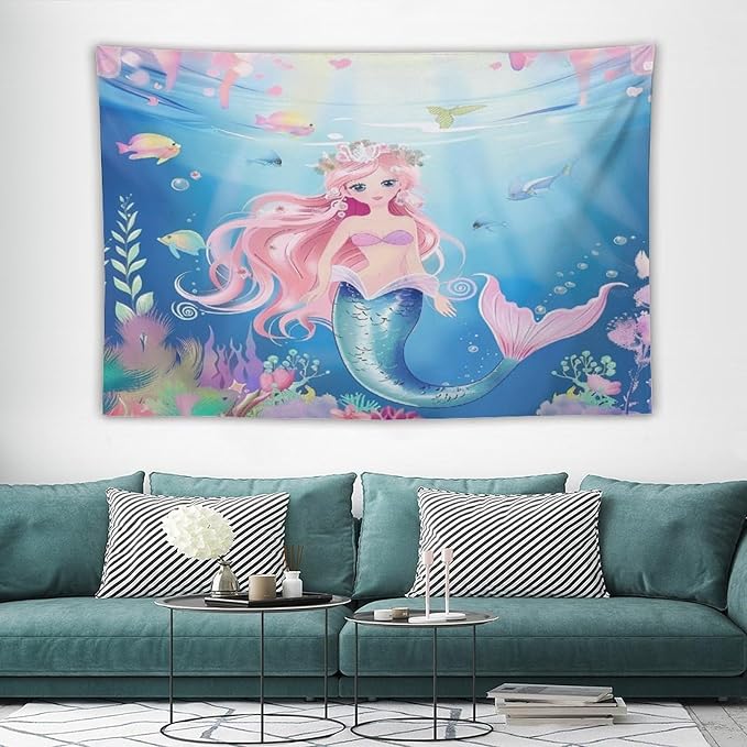 Mermaid Princess Wall Tapestry – 60" x 40" Watercolour Girls Bedroom Decor | Wall Hanging | Dorm Living Room | Baby Shower Gift