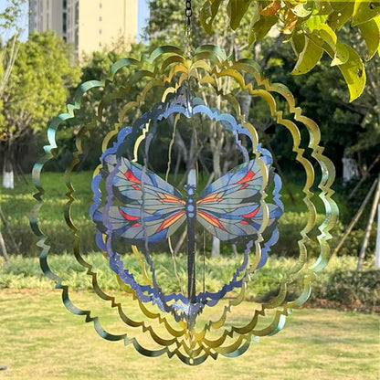 Outdoor hanging dragonfly wind spinner with blue/red wings and layered green-yellow scallops