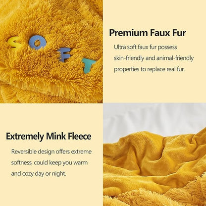 Mustard Yellow Shaggy Faux Fur Queen Blanket – 90"x90" | 1.5" Deep Plush Pile | Bold Boho Throw for Queen Beds, Sofas & Autumnal Interiors