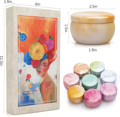 Marbled soy candle jar with lid; size diagram and 8-pack candle color assortment