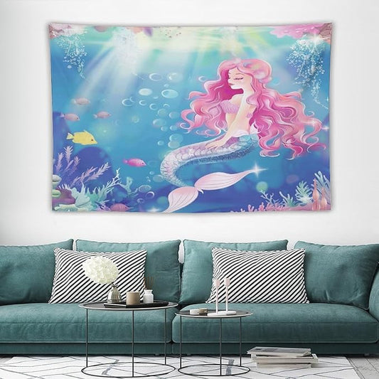 Mermaid Princess Pink Hair Wall Tapestry – 90" x 60" XL Watercolour | Largest Girls Bedroom Decor | Wall Hanging | Dorm Living Room Kids Room