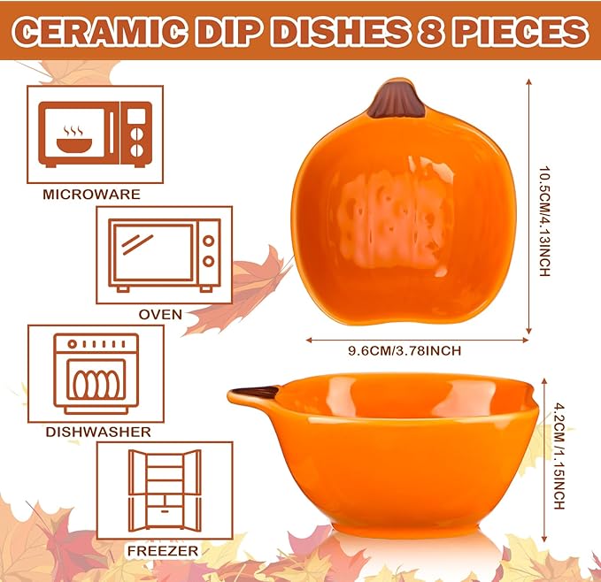 Fall Pumpkin Ceramic Ramekins, 6 oz, Set of 8 – Oven-Safe Mini Crème Brûlée & Baking Dishes for Dips, Sauces, Condiments & Snacks