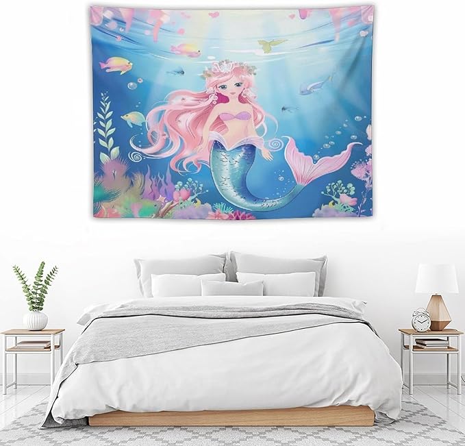 Mermaid Princess Wall Tapestry – 40" x 30" Watercolour | Compact Girls Bedroom Decor | Wall Hanging | Nursery Dorm Kids Room