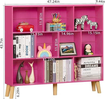 Hot Pink 10-Cube Bookcase with Wood Legs - 3-Tier Mid-Century Wide Freestanding Display Shelf for Girls Room, Bedroom, and Bold Home Office