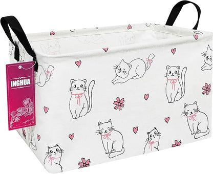 Rectangular fabric storage basket with cat print, reinforced carry handles on two sides