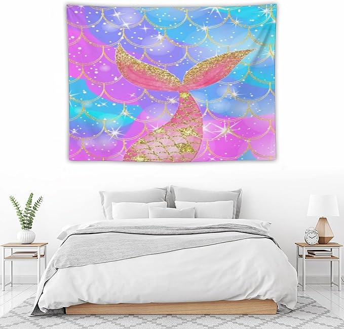 Mermaid Scales Wall Tapestry – 40" x 30" Colourful Shiny Mermaid Tail Pattern | Compact Entry Size | Wall Hanging | Bedroom Dorm Kids Room