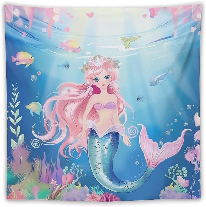 Mermaid Princess Wall Tapestry – 60" x 60" Square Watercolour | Symmetrical Girls Bedroom Decor | Wall Hanging | Dorm Living Room Kids Room