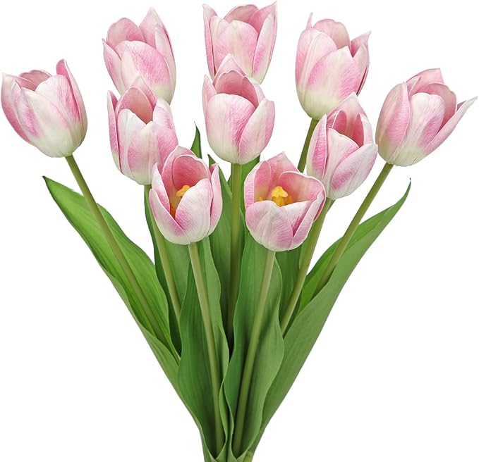 Pink faux tulip flower stems with green leaves, bundled bouquet, 10-pack