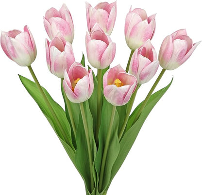 Pink faux tulip flower stems with green leaves, bundled bouquet, 10-pack