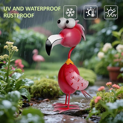 Red Metal Flamingo Garden Statue - Weather-Resistant Bird Yard Decor