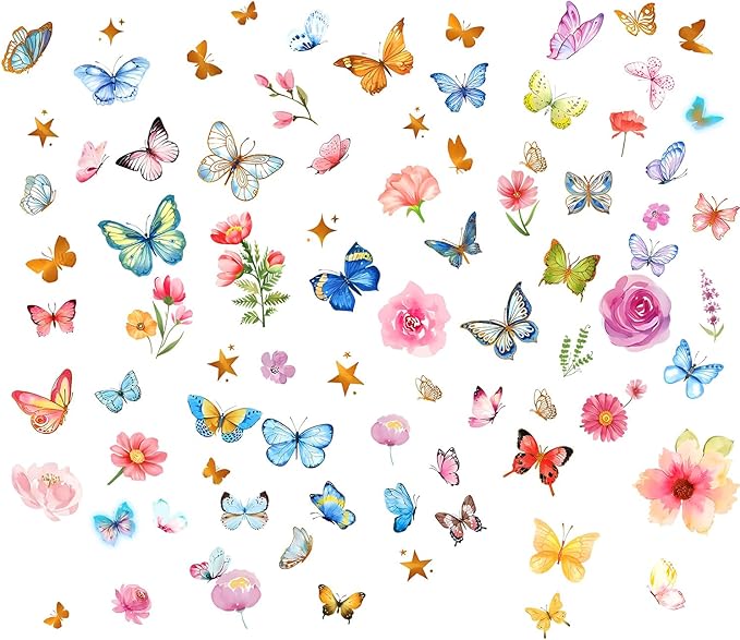 Glow-in-the-dark butterfly and flower wall decal stickers sheet with mixed colorful designs