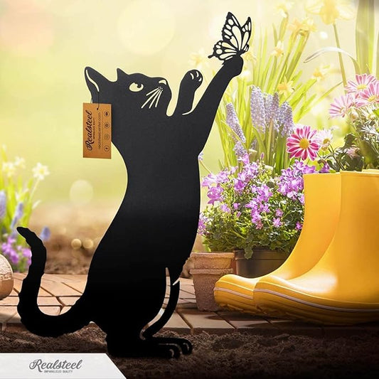 3-Piece Steel Cat Garden Statue Set - Black Mom Cat and Kittens Yard Art with Ground Stakes for Lawn, Flower Beds, Walkways, and Patio