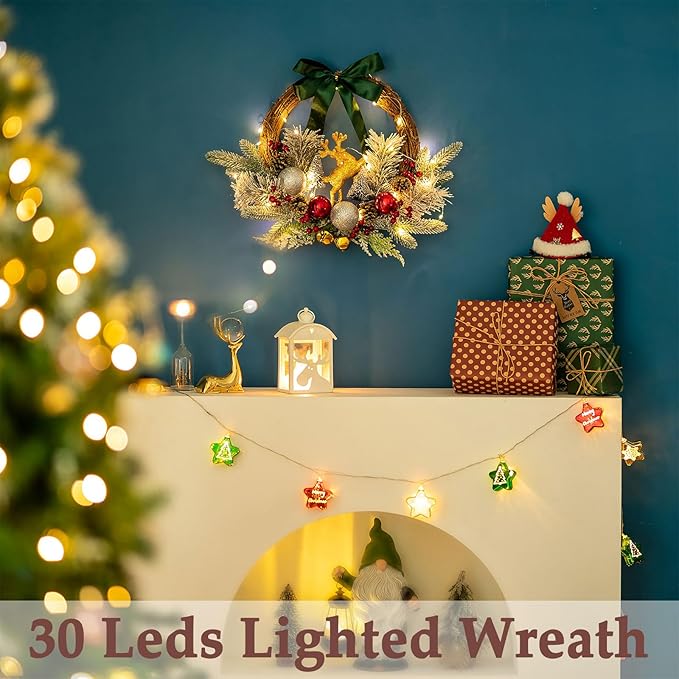 Lit Christmas wreath with teal bow, gold reindeer, and sparkling pine decorations