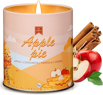 Soy scented candle in pink jar with apple pie label and lit wick