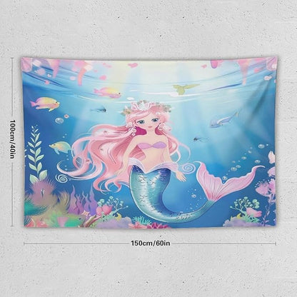 Mermaid Princess Wall Tapestry – 60" x 40" Watercolour Girls Bedroom Decor | Wall Hanging | Dorm Living Room | Baby Shower Gift
