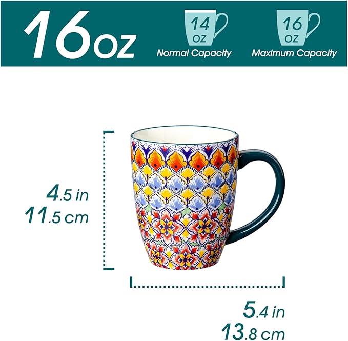 16 oz ceramic coffee mug with dark teal handle and colorful boho floral geometric print