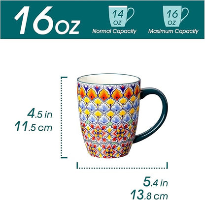 16 oz ceramic coffee mug with dark teal handle and colorful boho floral geometric print