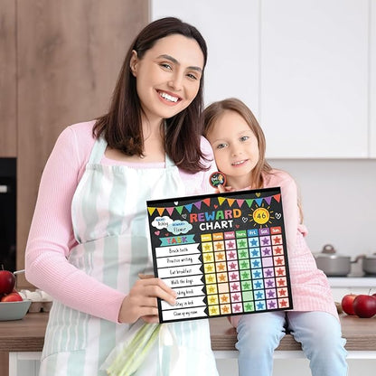 Reward chore chart sheet held up showing multicolor weekly task grid