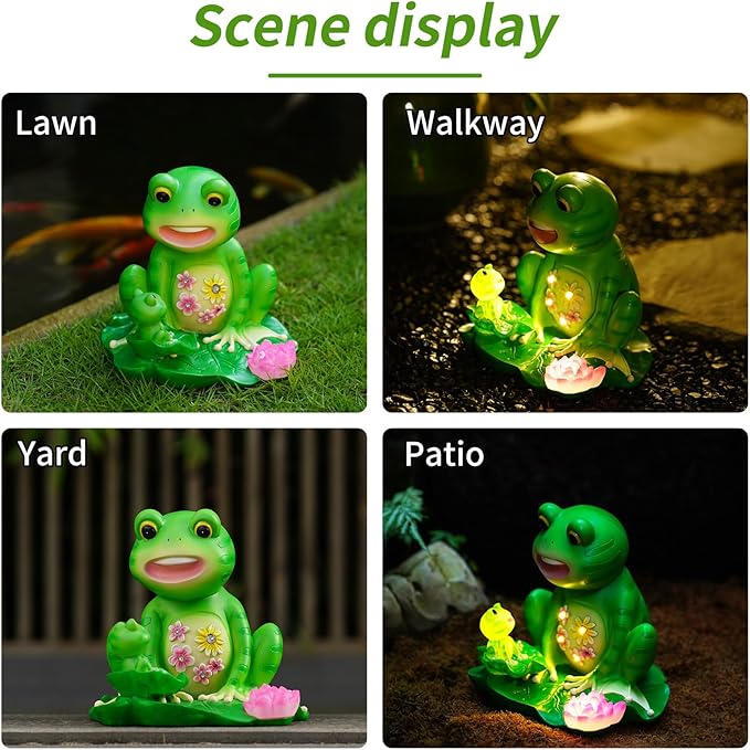 Solar Frog Mother and Baby Garden Statue with 6 LED Lights - Resin Outdoor Family Decor