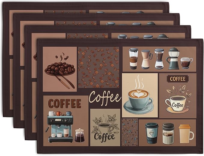 Set of 4 brown coffee-themed placemats with mixed coffee cup and bean icons, rectangular