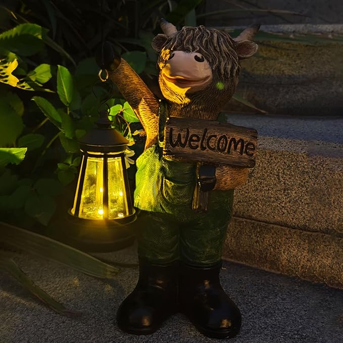 Solar Cow Garden Statue with Lantern and Welcome Sign - Farmhouse Resin Outdoor Decor
