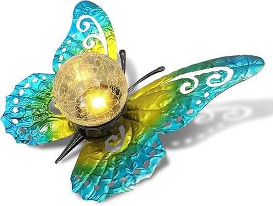 Solar Butterfly Garden Light with Crackle Glass Globe - Metal Outdoor Decor
