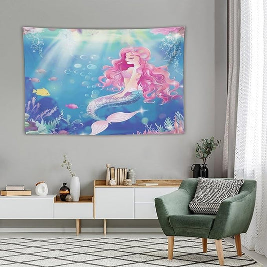 Mermaid Princess Pink Hair Wall Tapestry – 60" x 40" Watercolour | Girls Bedroom Kids Room Decor | Wall Hanging | Dorm Living Room