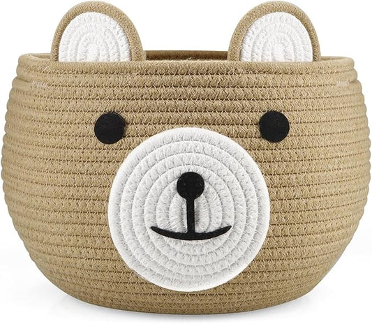 Brown cotton rope baby basket with bear face and two fabric-lined handles