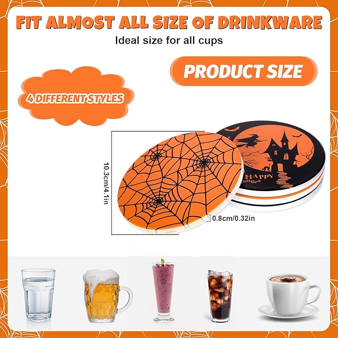 Halloween ceramic coasters set with orange and black round spiderweb and pumpkin designs