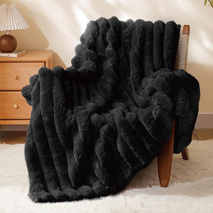 Black Faux Rabbit Fur Throw Blanket – 50"x60" | 770GSM Double-Sided Luxury Fluffy Blanket | 3D Striped Plush Couch Throw for Men & Women