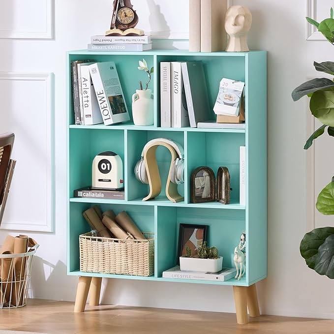 Mint Green 7-Cube Criss-Cross Bookshelf with Legs - Magical Kids Bookcase for Nursery and Fairytale Rooms