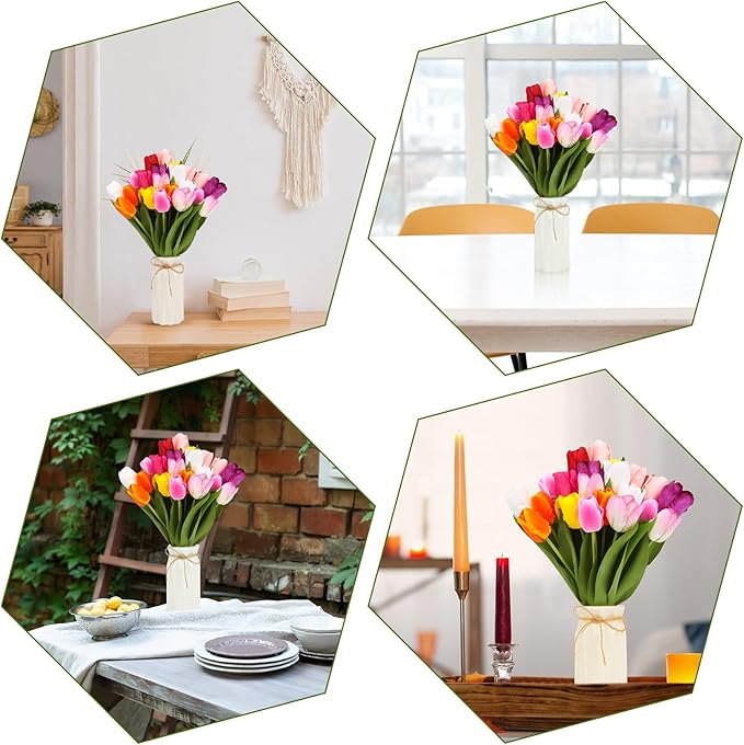 Artificial tulip bouquet in white vase with twine, multicolor blooms for home decoration