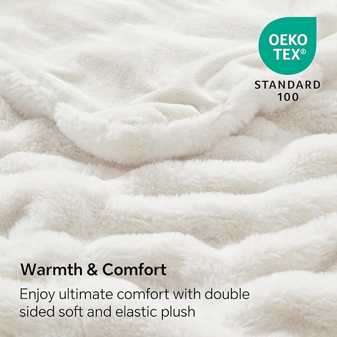 Cream Boho Ruched Faux Fur Throw Blanket – 50"x60" | Elastic Spandex Blend | Body-Conforming Fluffy Blanket | Stylish Couch Throw for Women